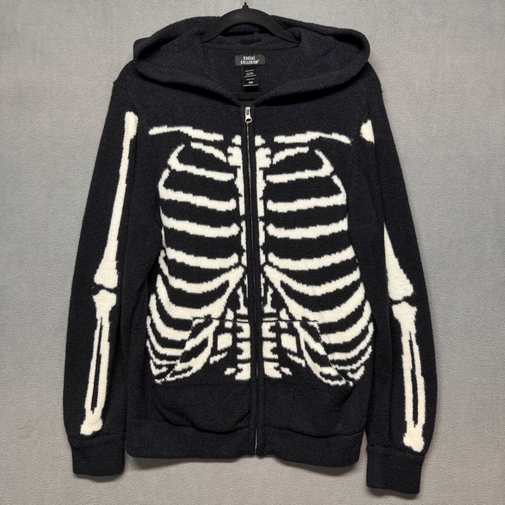 Social Collision Skeleton Rib Cage Zip Up Hoodie Goth Emo Alt Punk Small Black